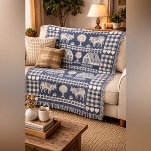 Blue and White Farmhouse Tapestry Throw Blanket